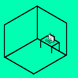Ditzyroom #1: a teal background, a simple isometric room wireframe, a table against the right wall, with a keyboard and mouse and a CRT monitor witha a ":3" face on it