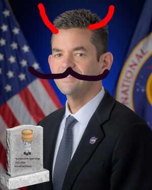 a photo of nasa administrator jared isaacman with drawn on red horns, a drawn on mustache, and a tombstone that says "rip exploration upper stage, 2013-2026, you will be missed" in the corner